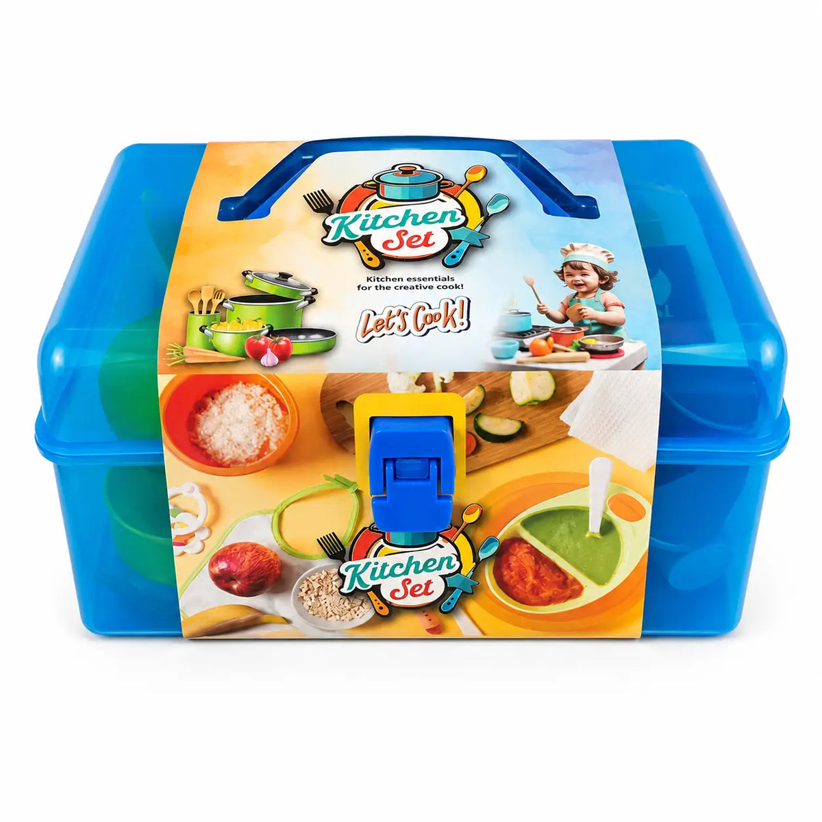 Blue kids kitchen role play set portable carry case with pretend cooking accessories