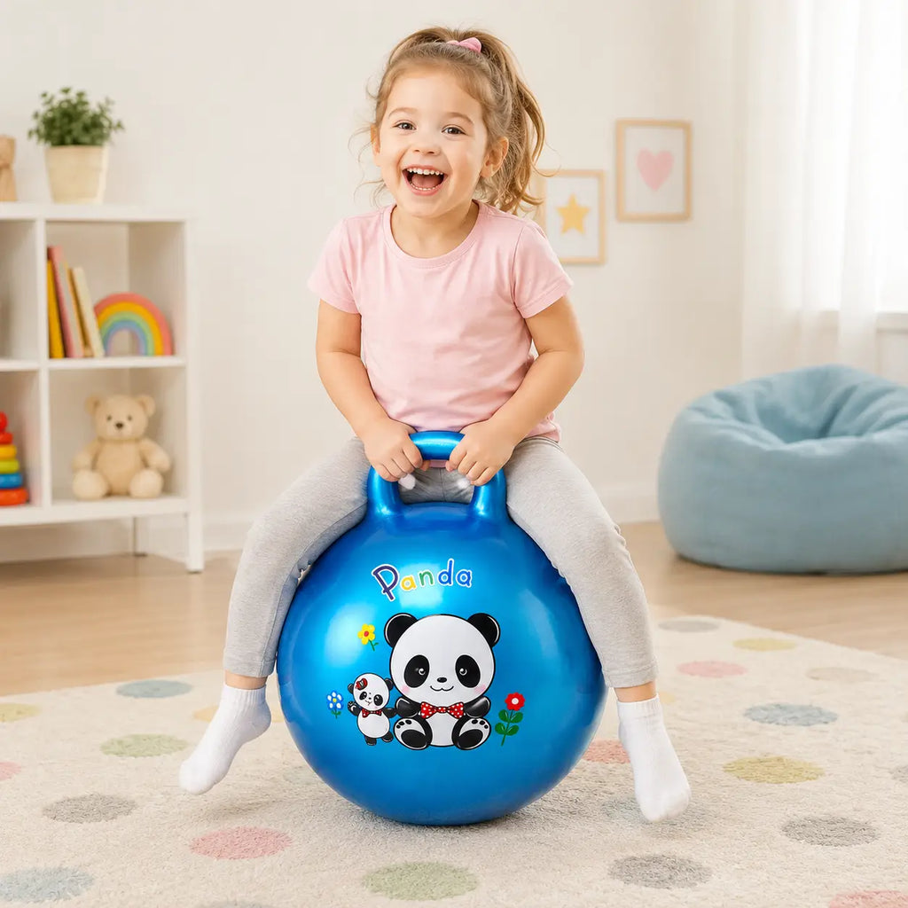 Child playing with blue panda inflatable hopper ball with handle for active play