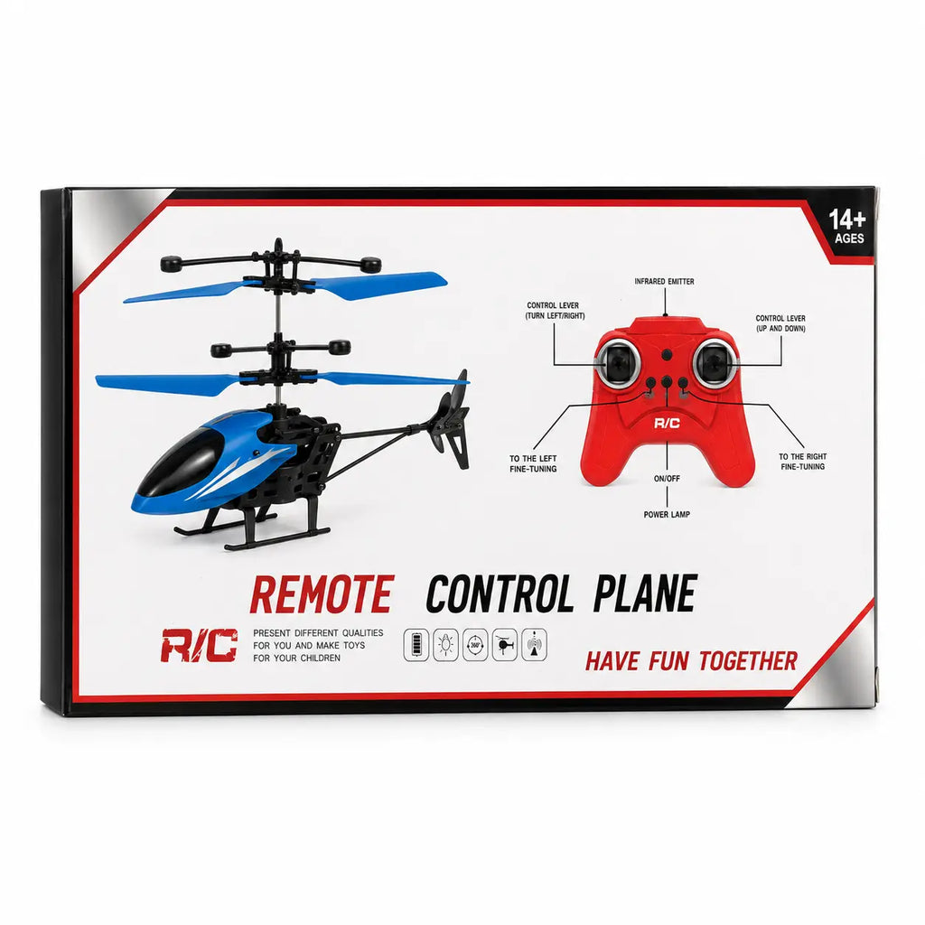 Box packaging for an RC remote control plane toy, showing a blue and black helicopter on the front with a red control stick diagram and text including 'REMOTE CONTROL PLANE' and 'HAVE FUN TOGETHER'.