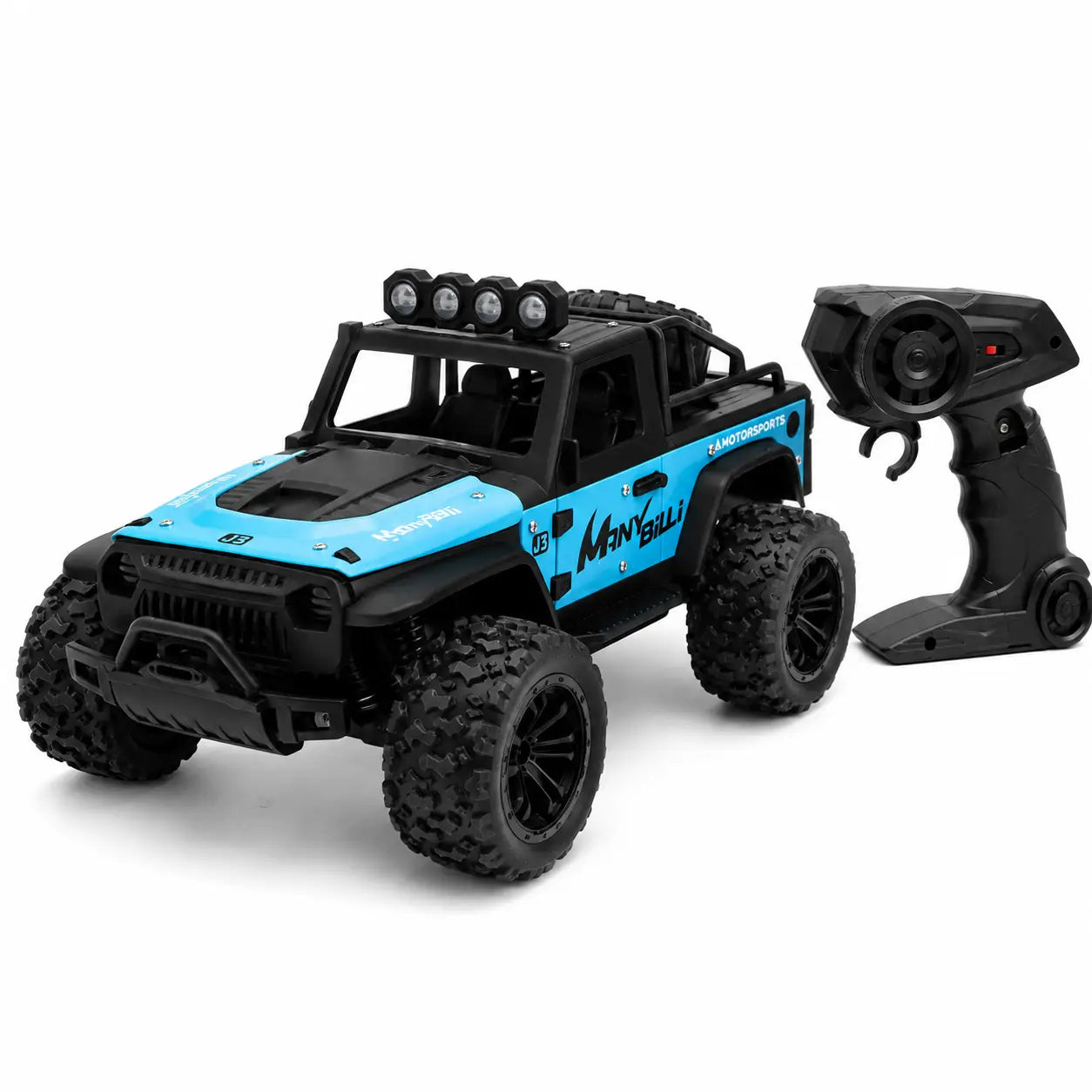 A blue and black remote control off-road RC truck shown with its black handheld remote control on a clean white background.
