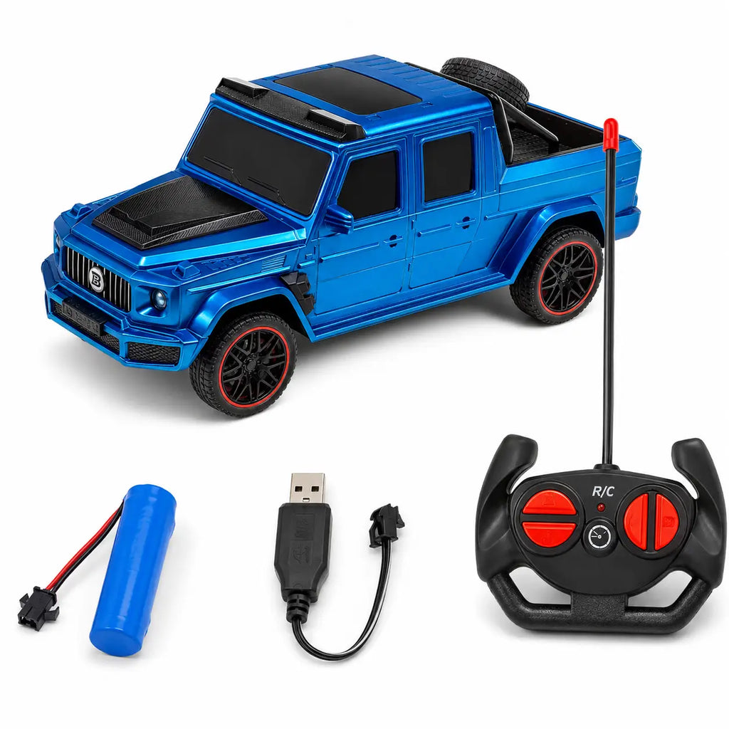 Blue RC pickup truck complete set with remote rechargeable battery and USB charging cable
