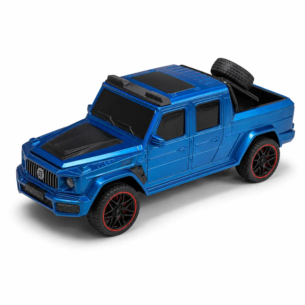 Blue 1:14 scale remote control pickup truck front angle view with black and red wheels