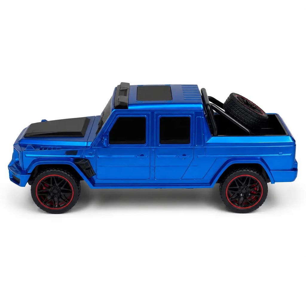 Blue remote control pickup truck side view showing four-door design and rear spare wheel