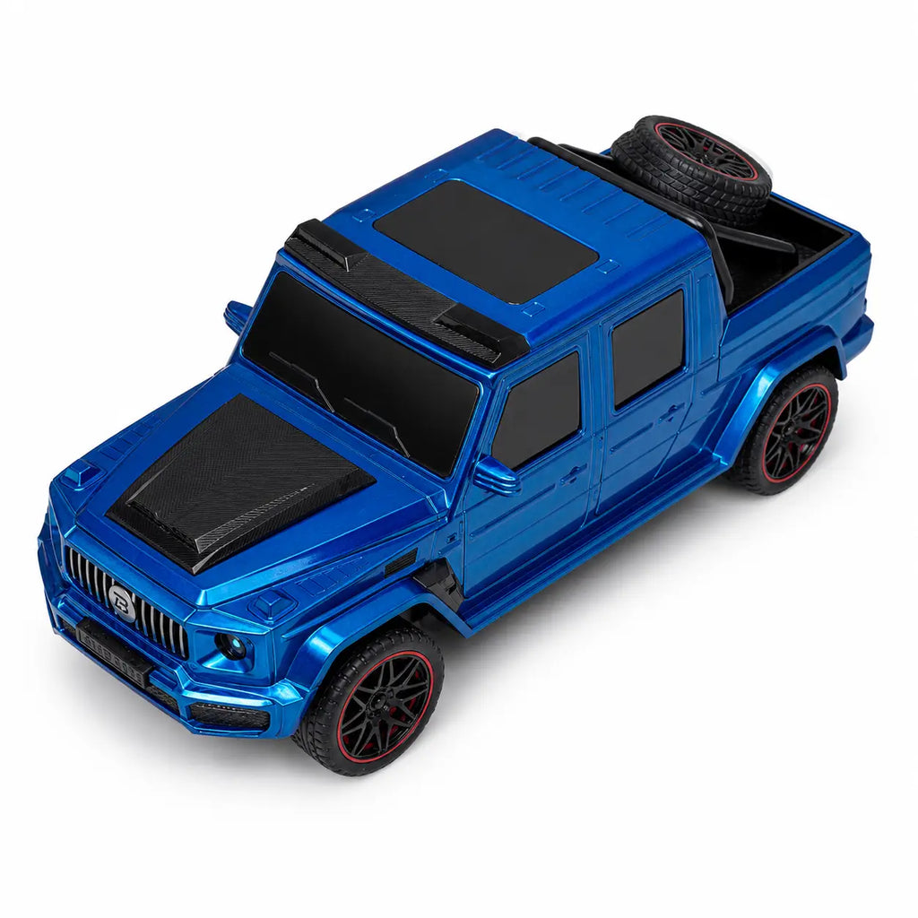 Top front angle view of metallic blue 1:14 RC pickup truck for kids