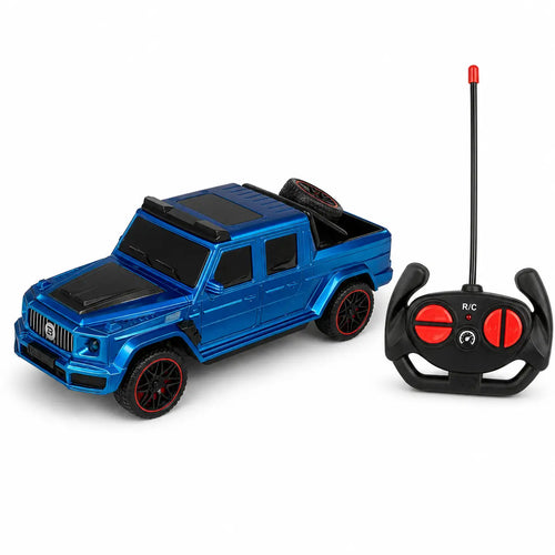 Blue RC pickup truck with black and red wireless remote controller