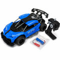 Blue RC racing car with pistol remote controller, rechargeable battery and charging cable