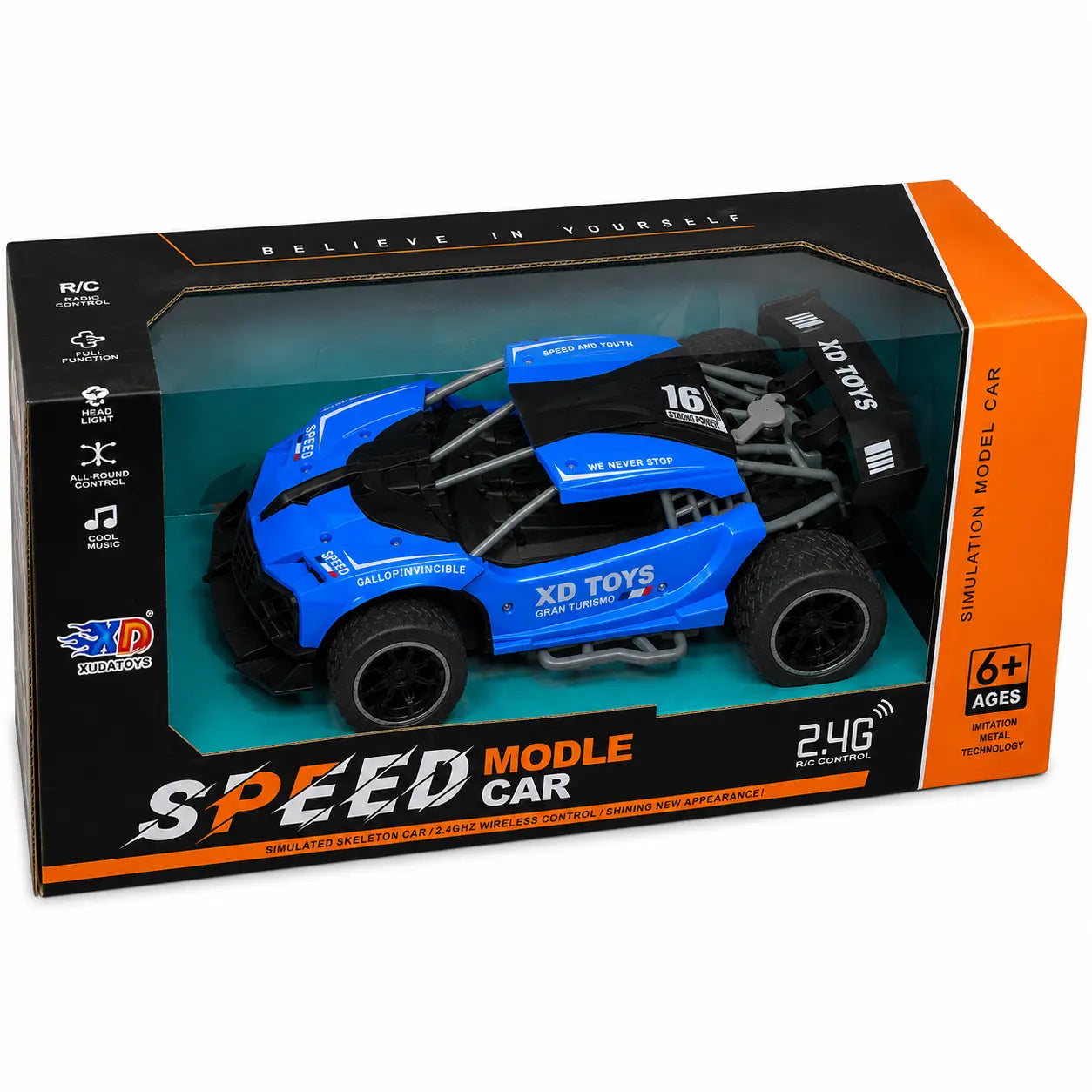 Blue remote control speed racing car displayed inside black and orange retail packaging