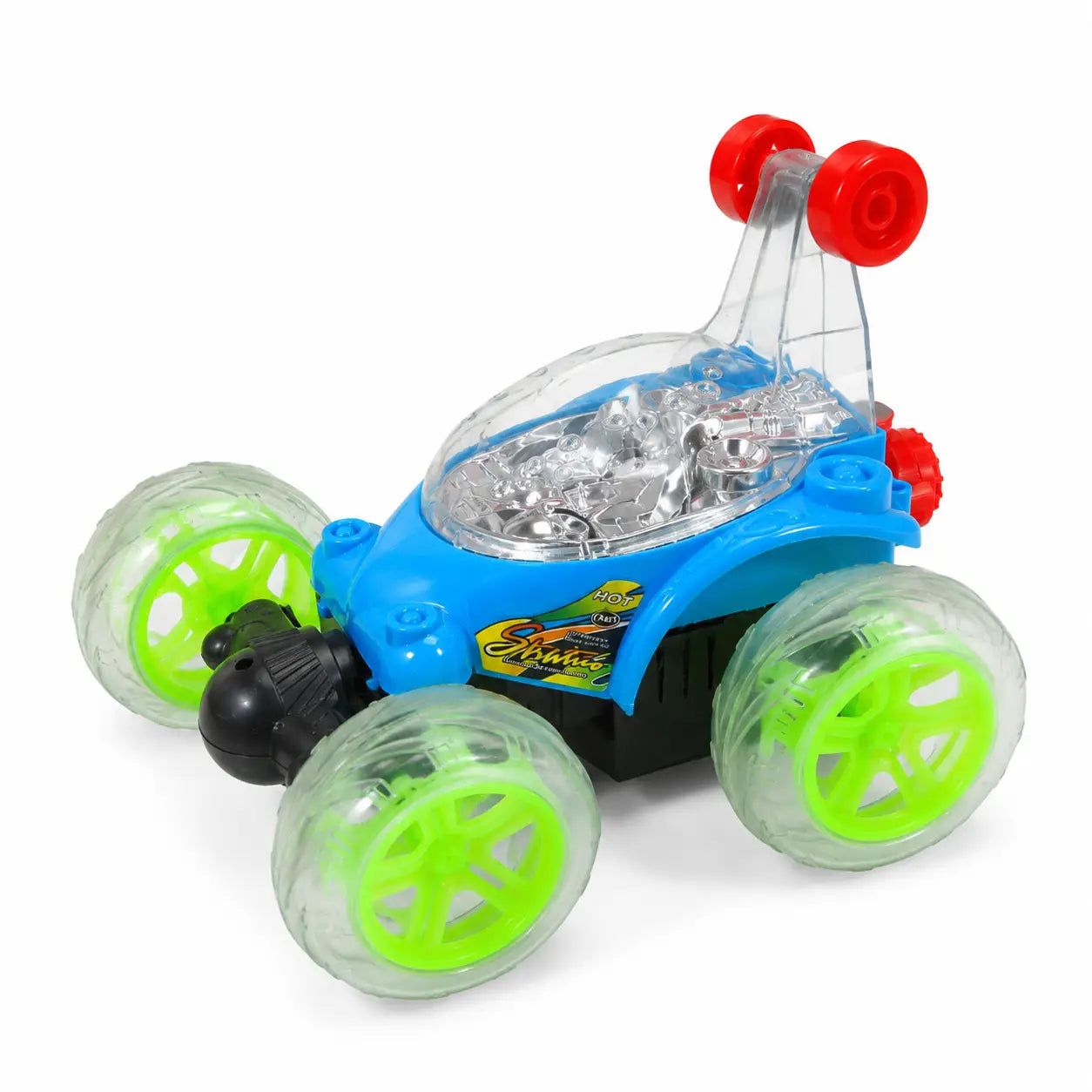 Back packaging view of Spray Stunt RC Car showing remote controls, stunt functions and charging instructions