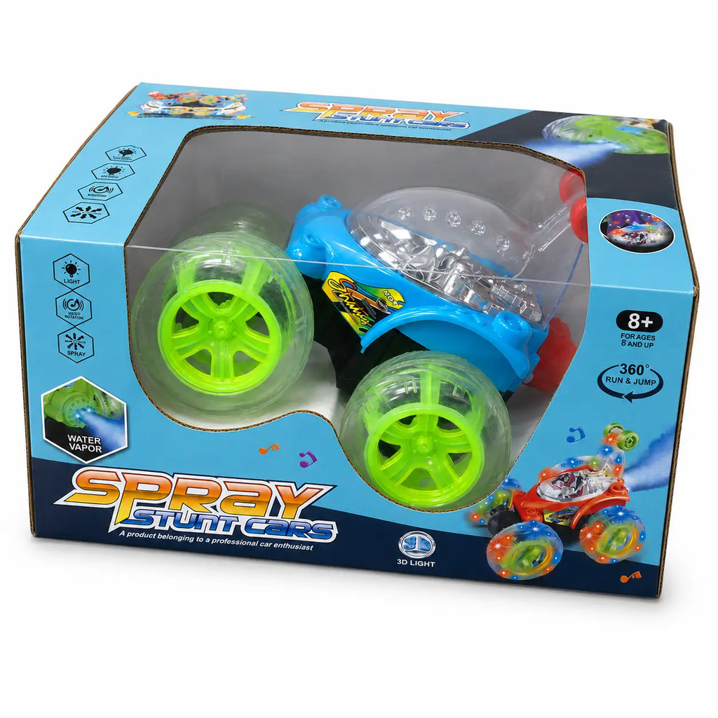 Blue Spray Stunt RC Car with neon green wheels displayed inside retail packaging