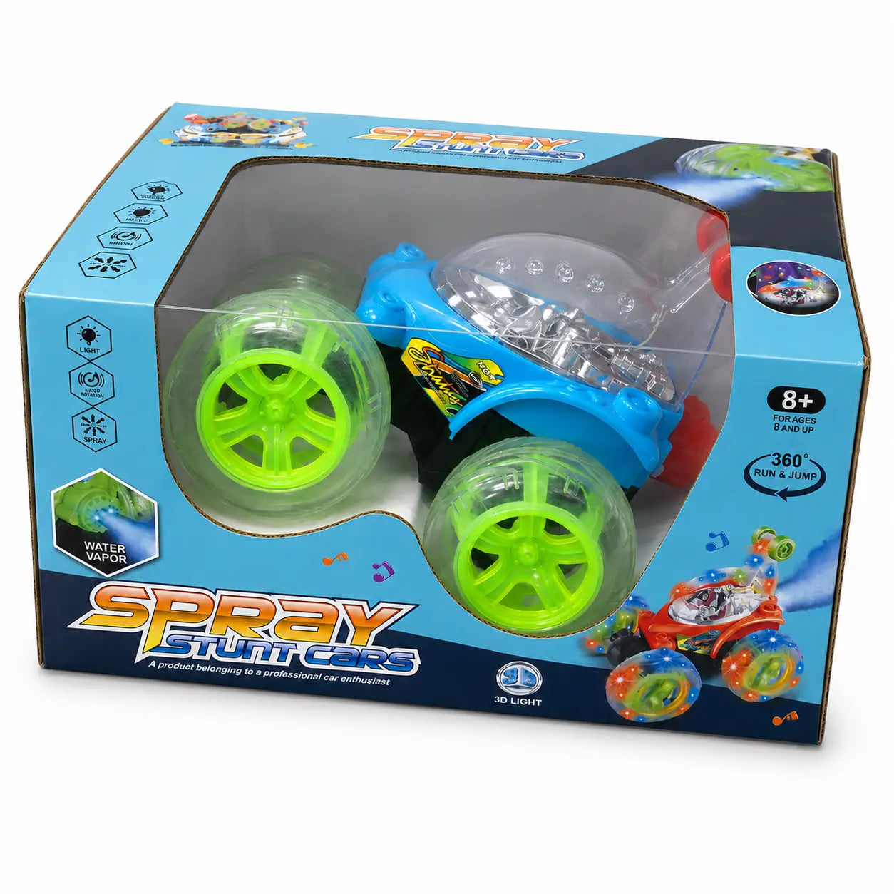 Blue Spray Stunt RC Car with neon green wheels displayed inside retail packaging