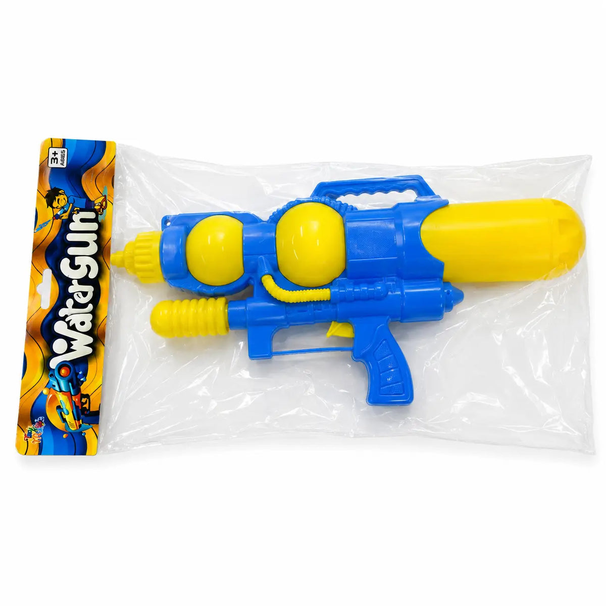 Blue and yellow kids water blaster toy with manual pump action in packaging