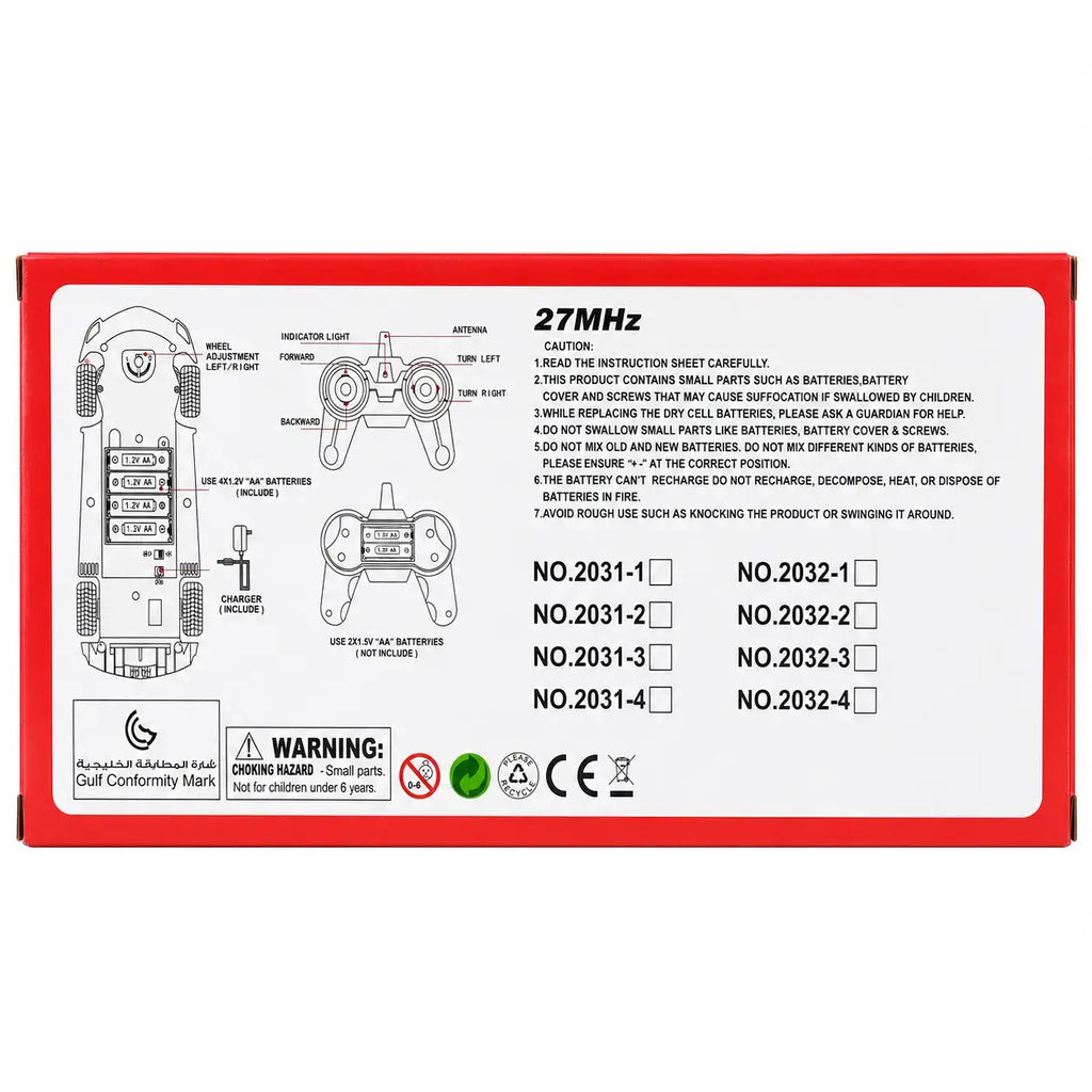 Back of Bonzer 27MHz remote control car box showing battery and controller instructions