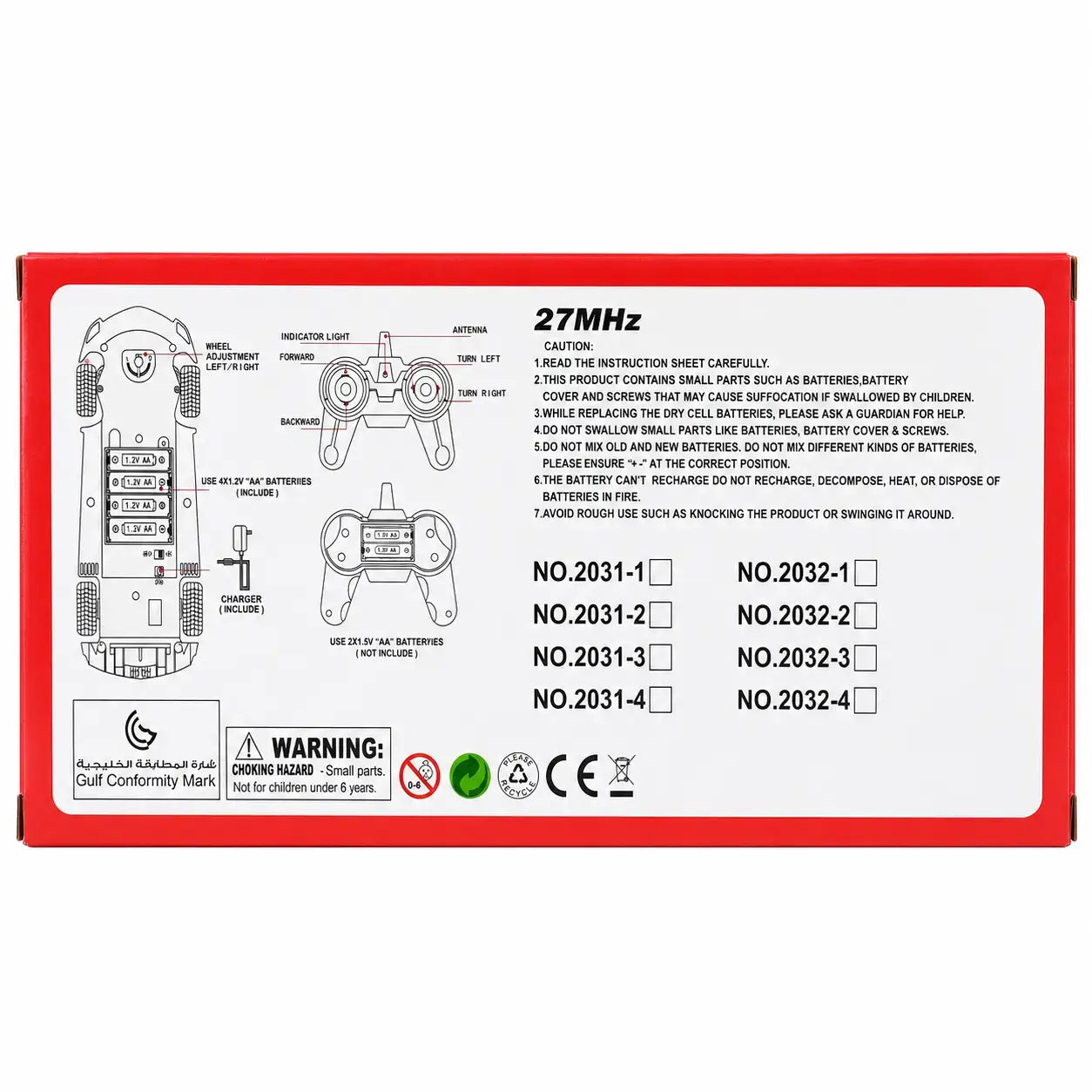 Back of Bonzer 27MHz remote control car box showing battery and controller instructions