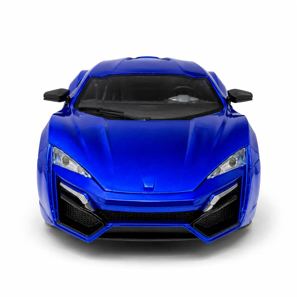 A bright blue sports car model or toy car shown from the front on a clean white background.