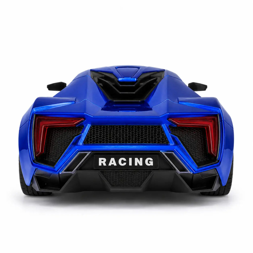 Rear view of Bonzer blue RC sports car with racing-style bumper and taillight details