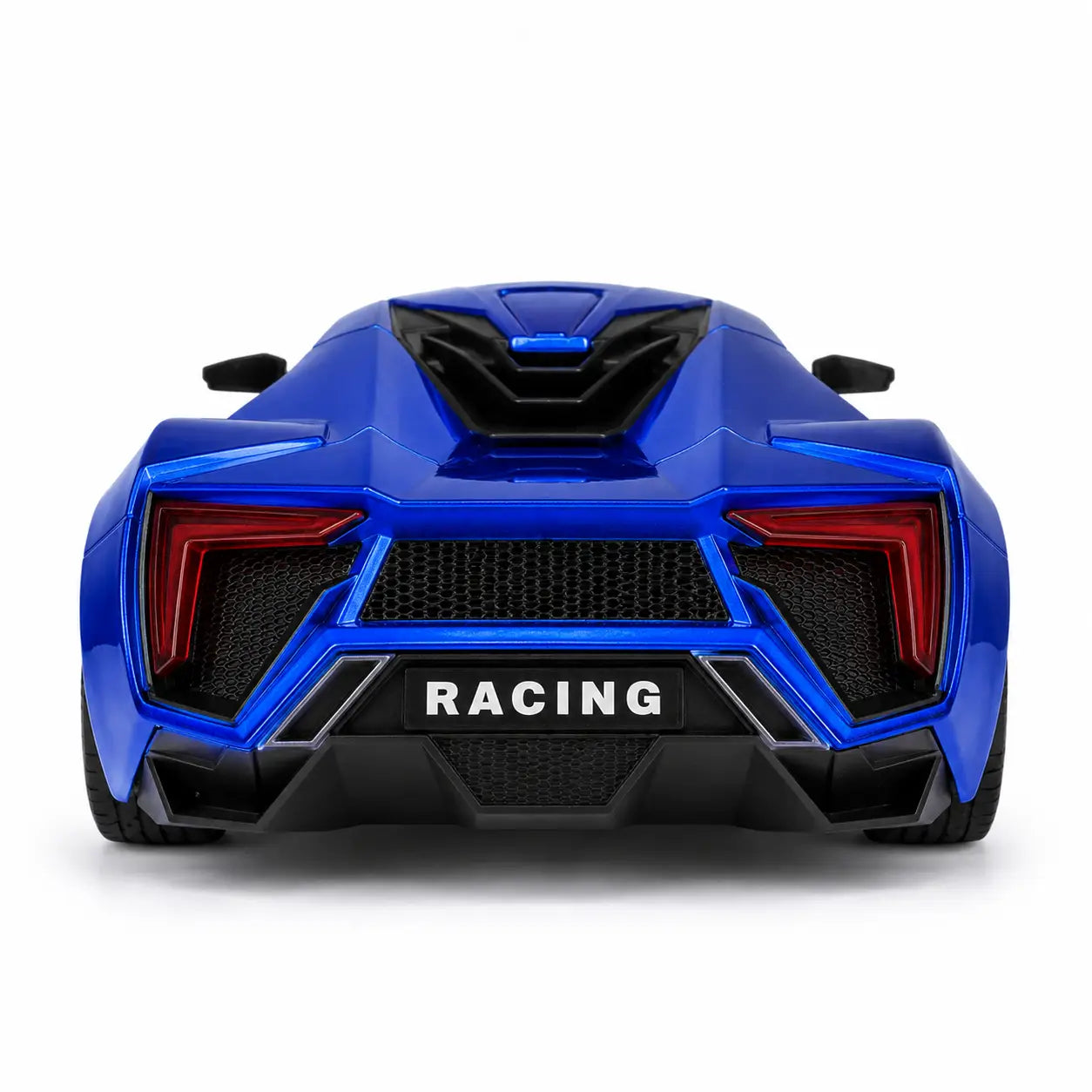 Rear view of Bonzer blue RC sports car with racing-style bumper and taillight details