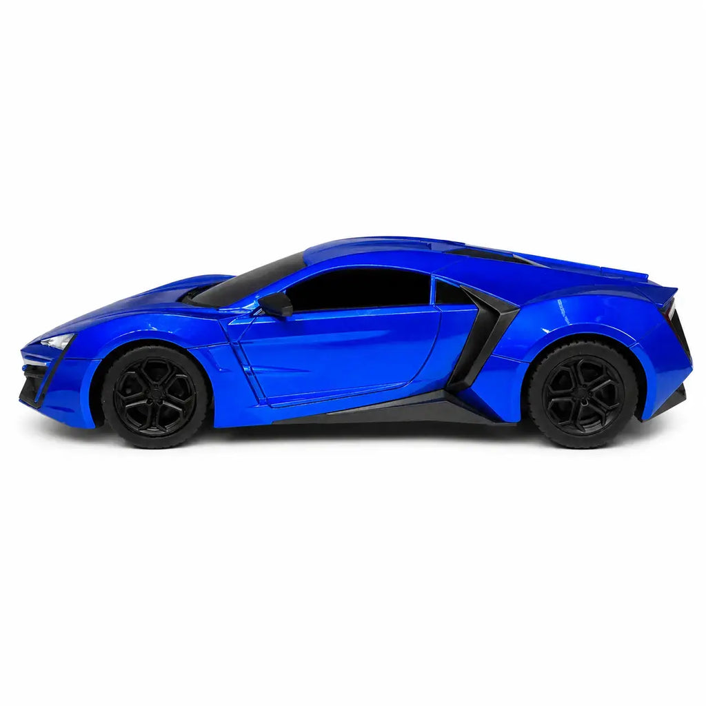 A blue sports car model with black wheels and black trim details, shown in a side profile view against a plain white background.