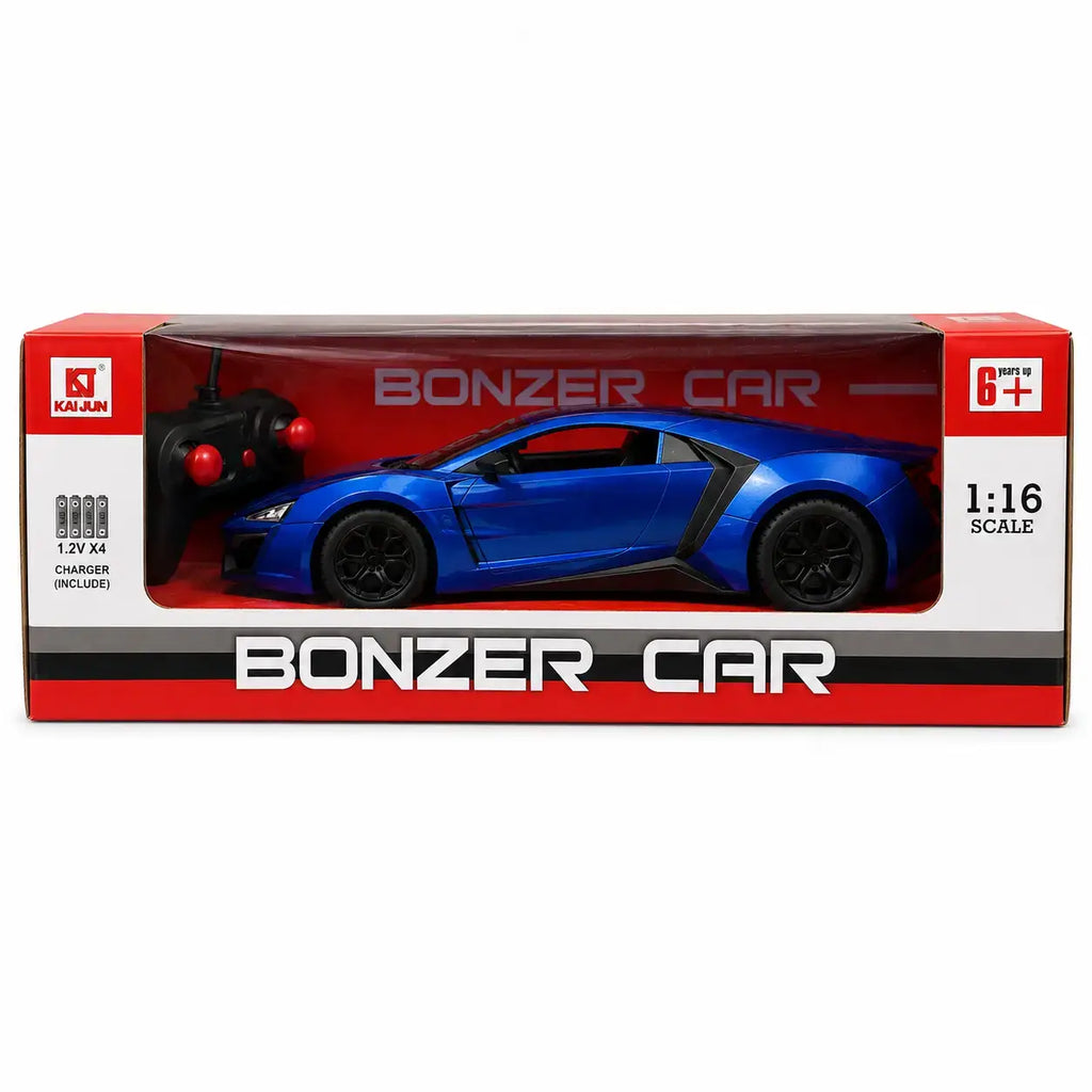 Bonzer rechargeable RC sports car retail box showing available racing car designs