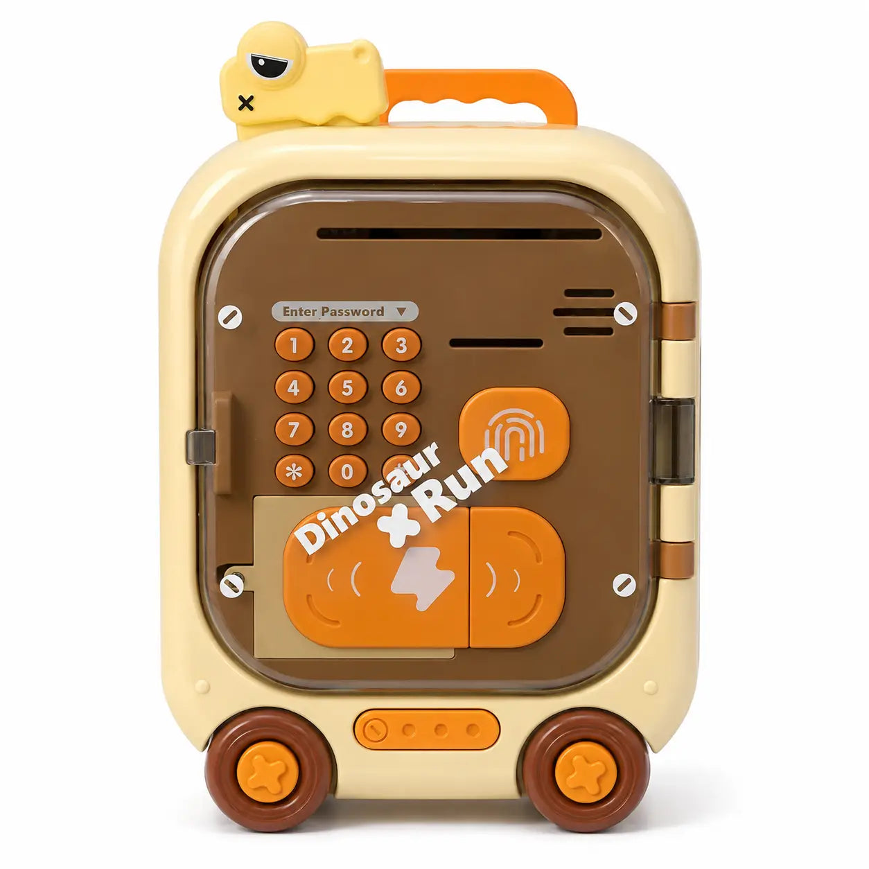 Brown and cream dinosaur suitcase money saving box front view for kids
