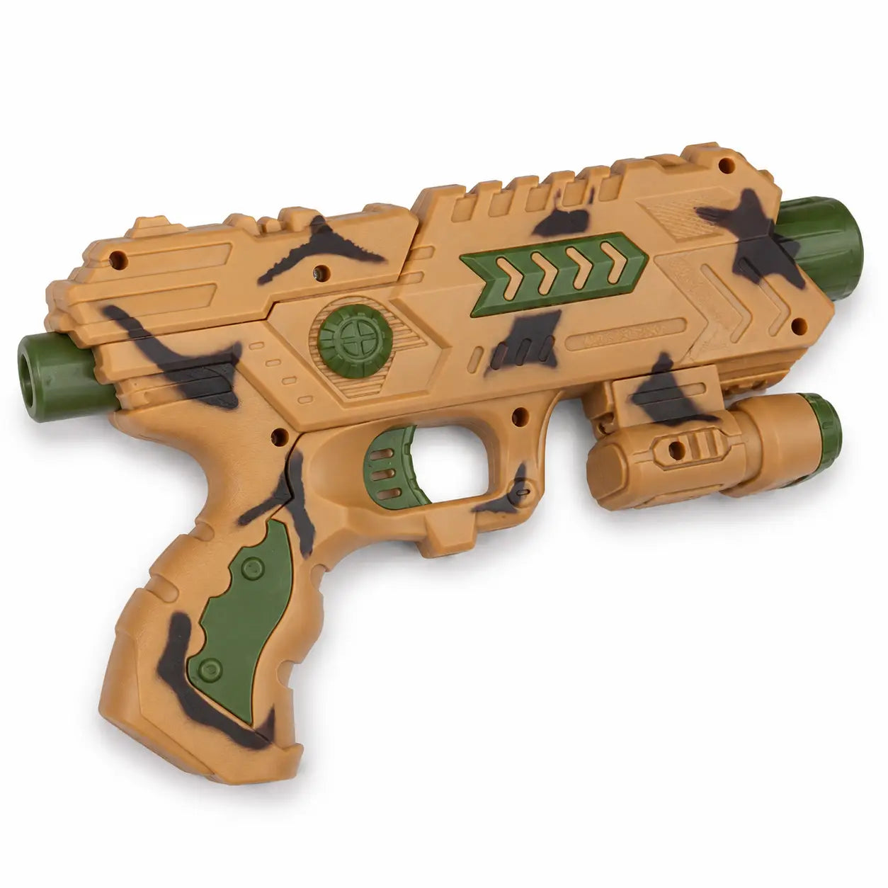 Tan and green camouflage Marksman Combat soft bullet toy gun shown from the side on a white background