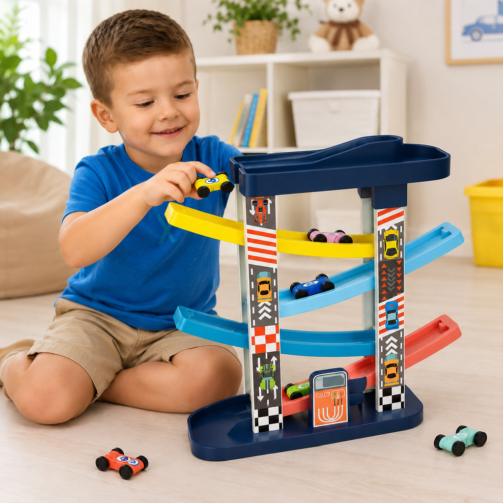  Child playing with Car Ramp Racer multi-level racing track and mini cars