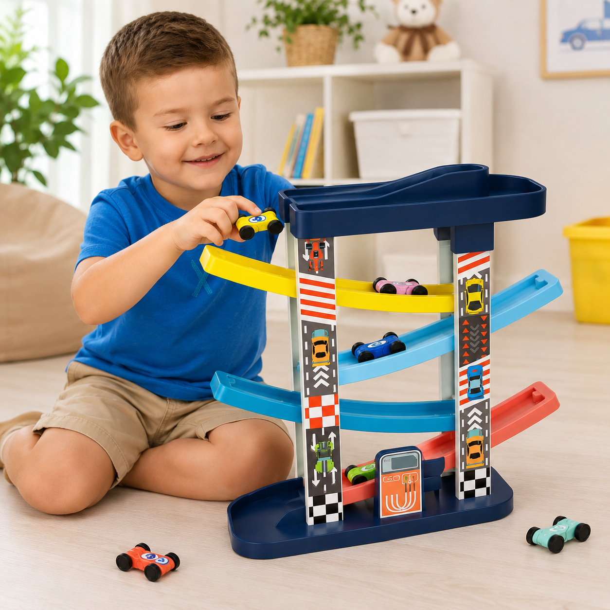  Child playing with Car Ramp Racer multi-level racing track and mini cars
