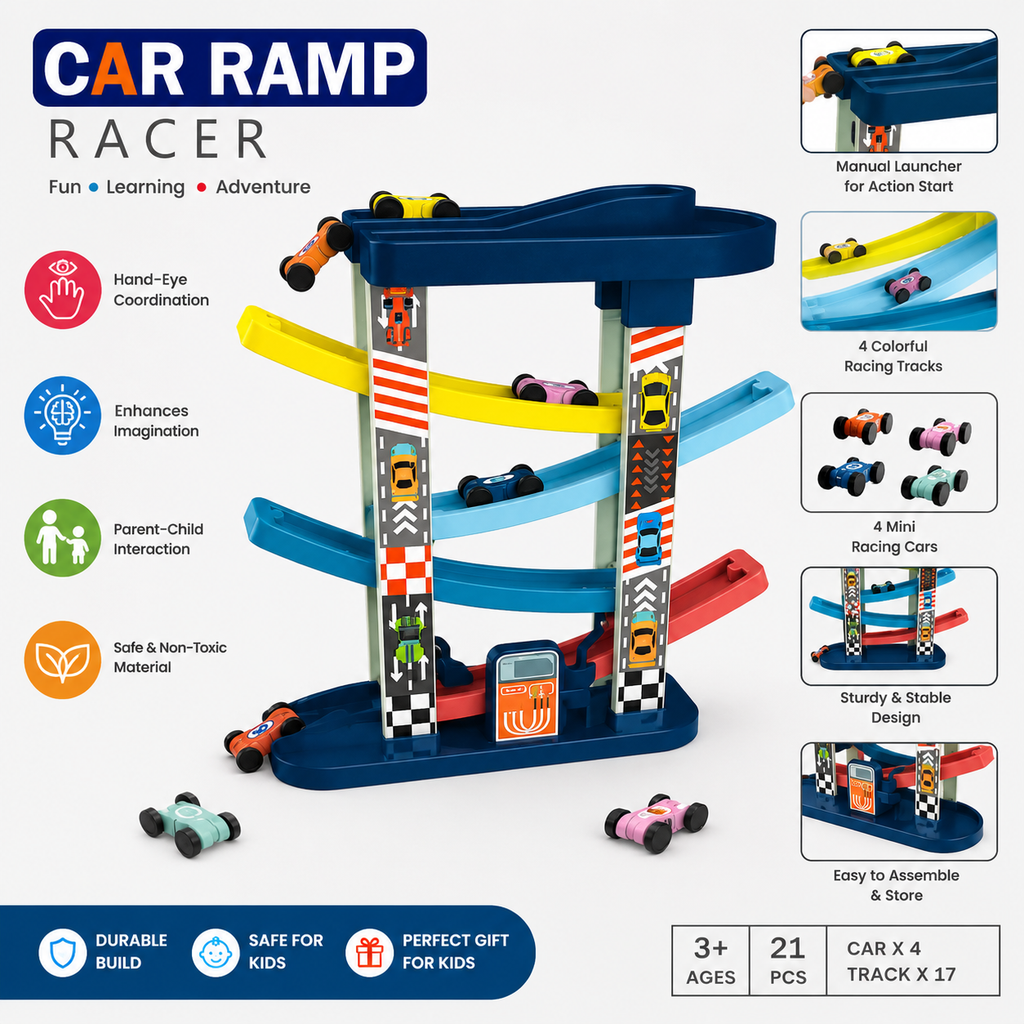 Car Ramp Racer 21-piece kids racing track toy features with colourful tracks and mini cars