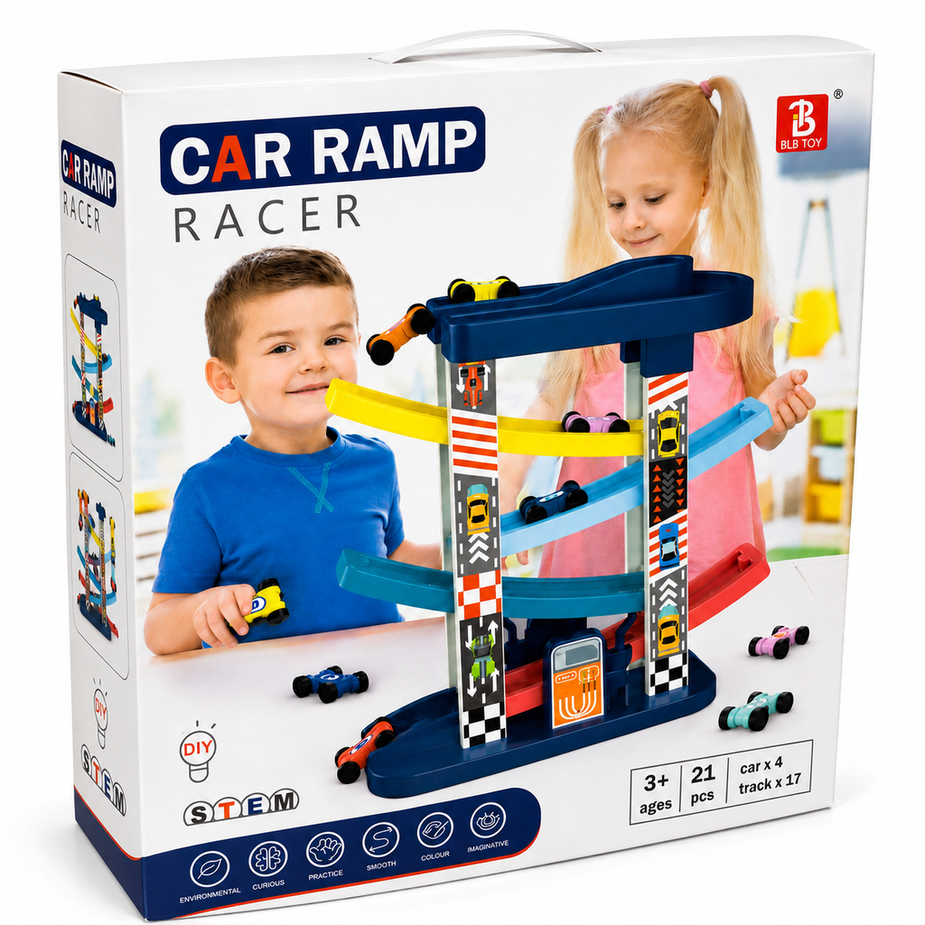 Car Ramp Racer 21-piece racing track toy packaging angled front view