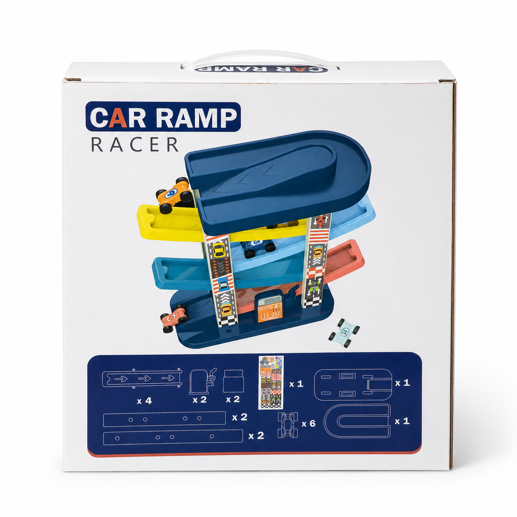 Back view of Car Ramp Racer toy box showing track set components