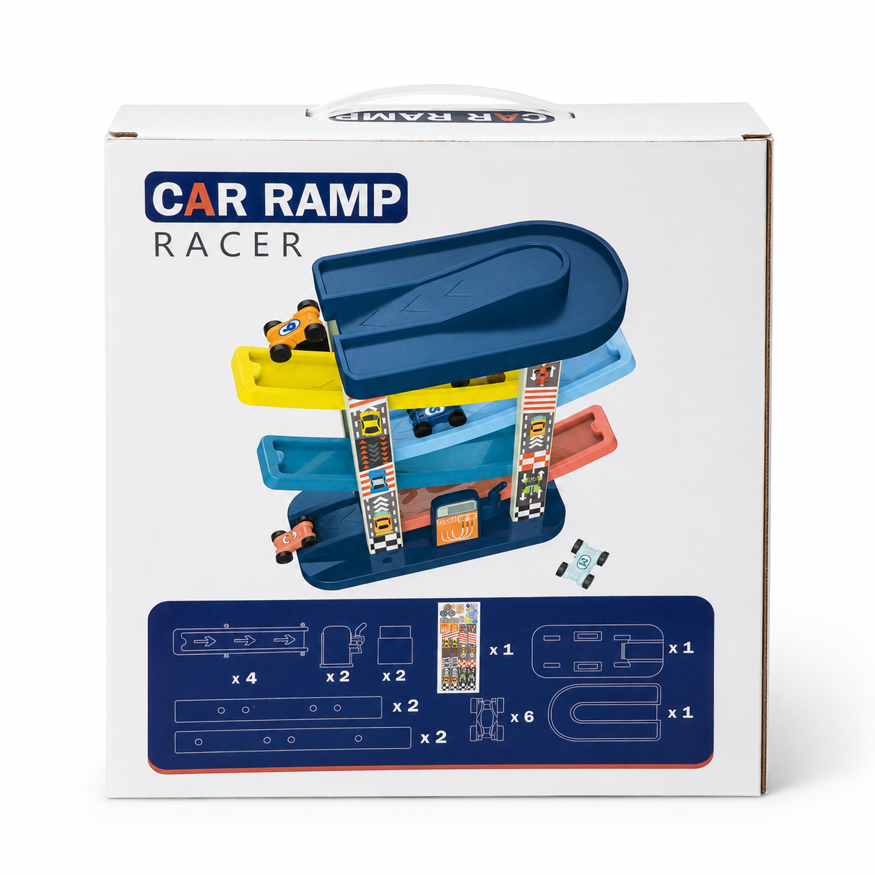 Back view of Car Ramp Racer toy box showing track set components