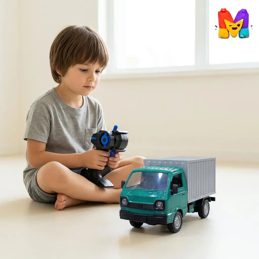 Child controlling a green RC container delivery truck indoors