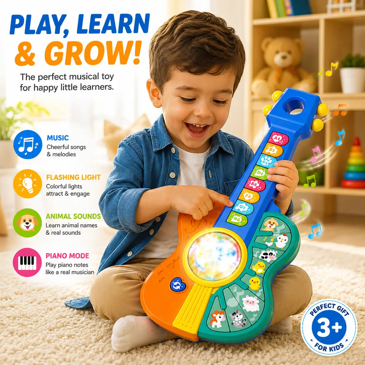 Child playing with interactive musical learning guitar toy with colorful lights and sound buttons