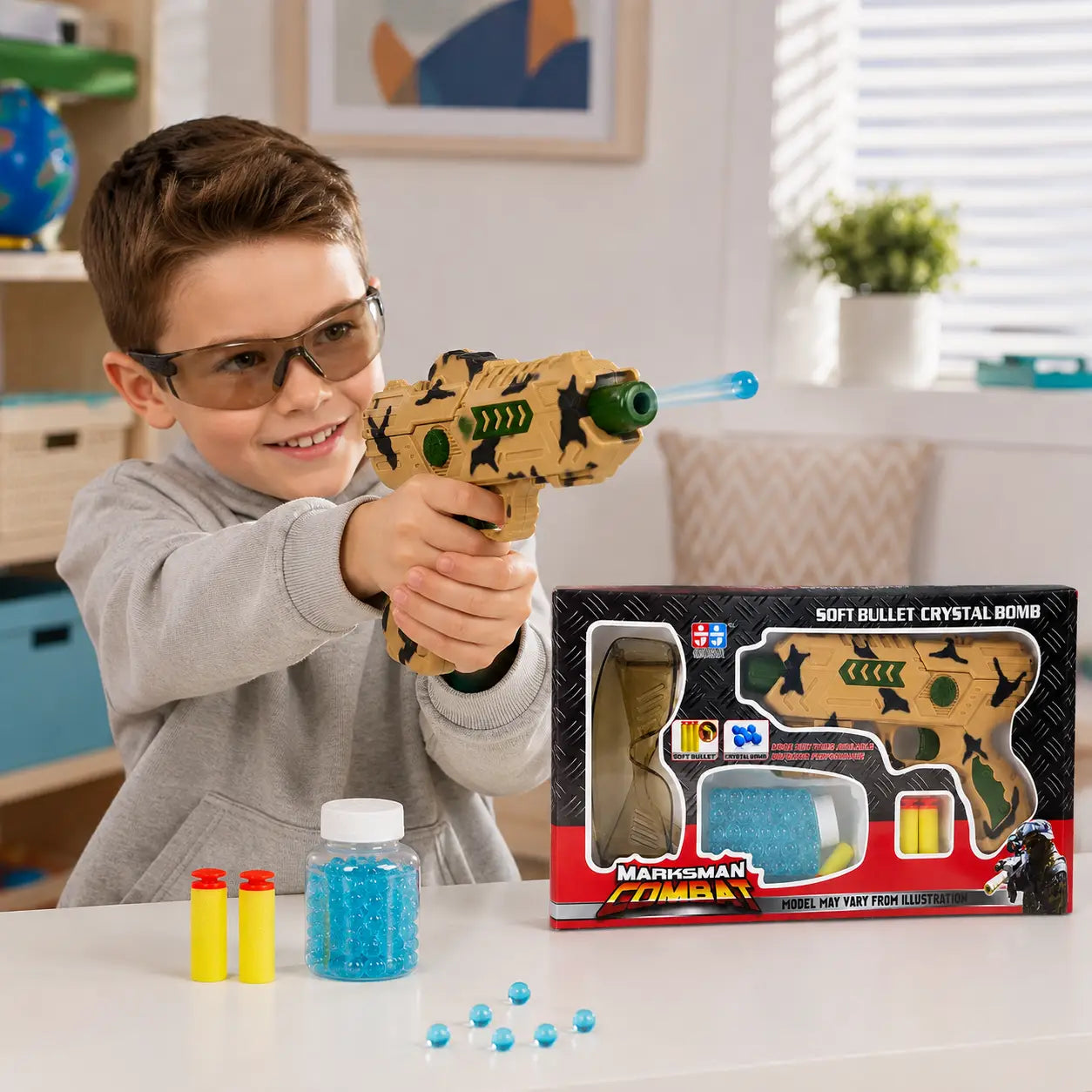 Child wearing protective glasses and playing with a camouflage Marksman soft bullet toy gun indoors