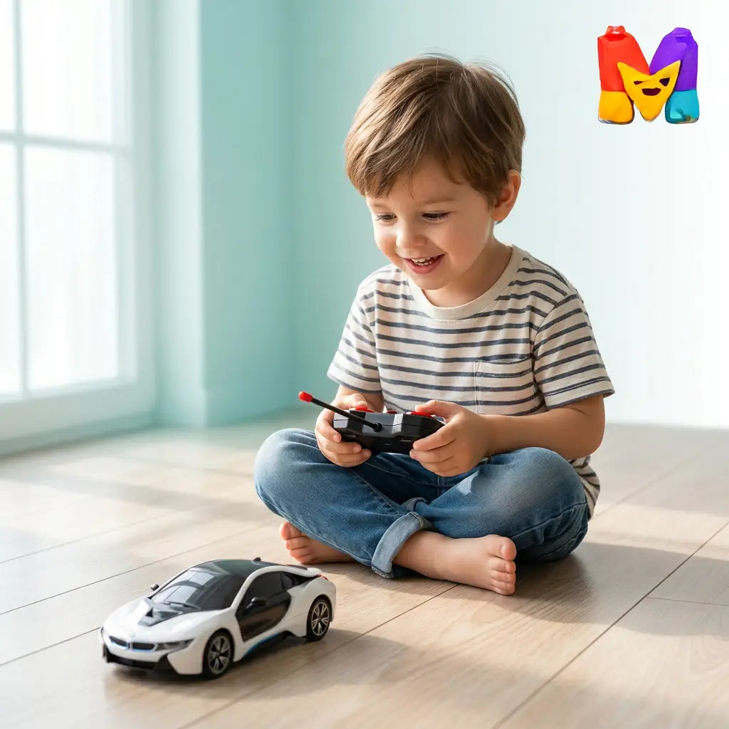 Young child playing indoors with a white remote-control spray sports car