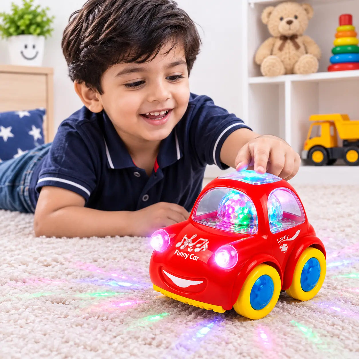 Young child enjoying a red musical toy car with colourful flashing lights and automatic Bump and Go movement in a playroom