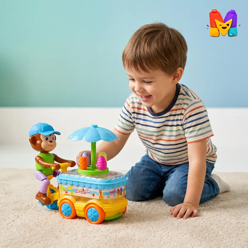 Young child playing with monkey musical ice cream bicycle cart toy indoors