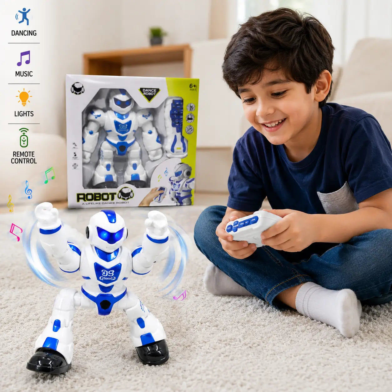 Child using remote controller to play with musical dancing robot toy indoors