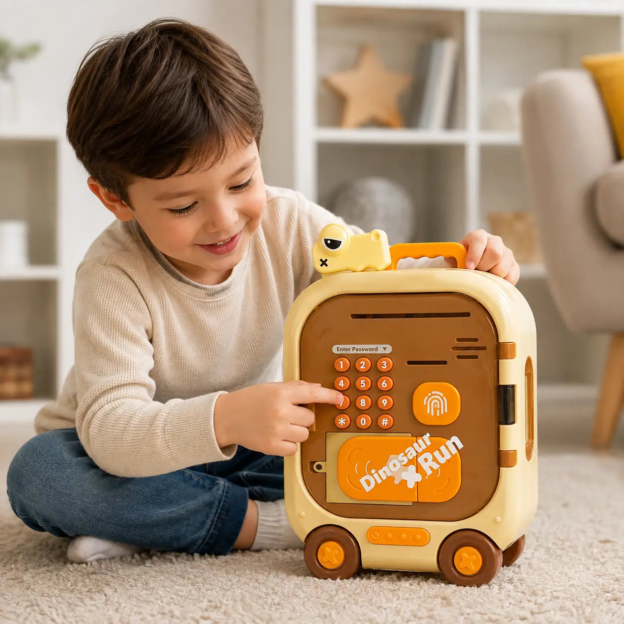 Young child using dinosaur suitcase money saving box with password keypad