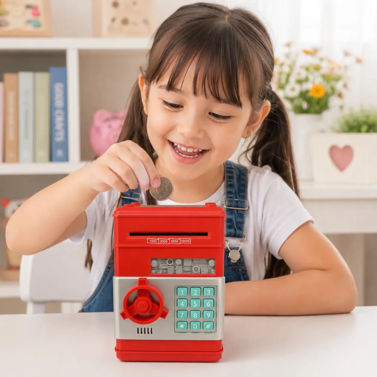 Young child inserting a coin into a red electronic password Number Bank at home