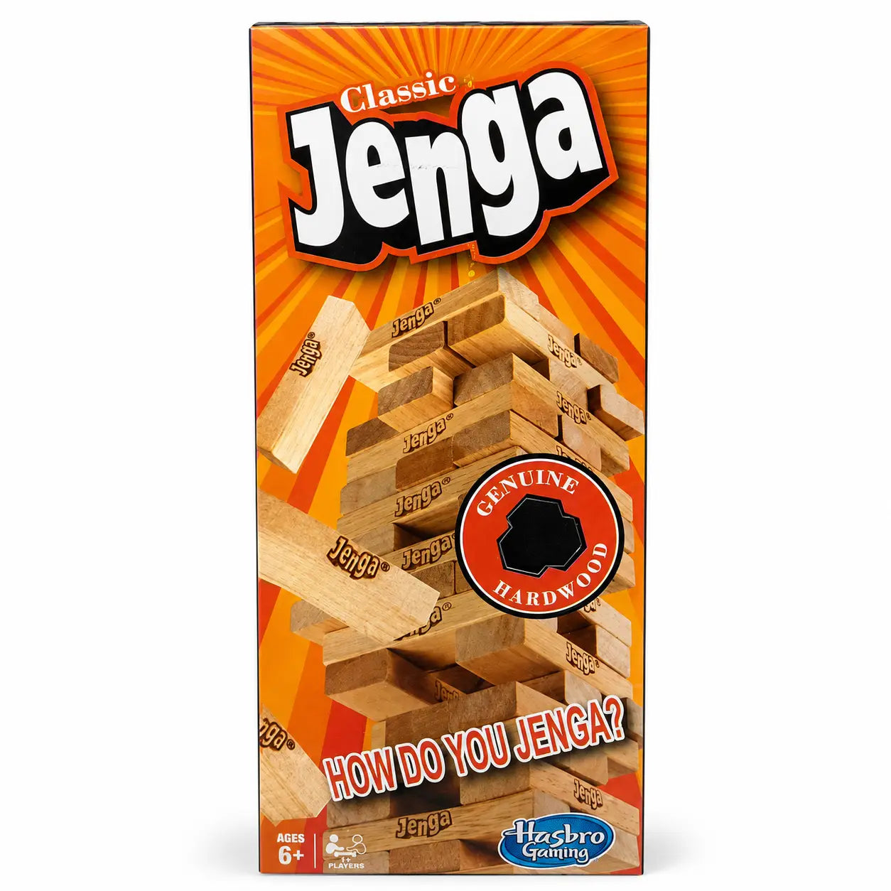 Classic Jenga 54 piece wooden block stacking game retail box front view