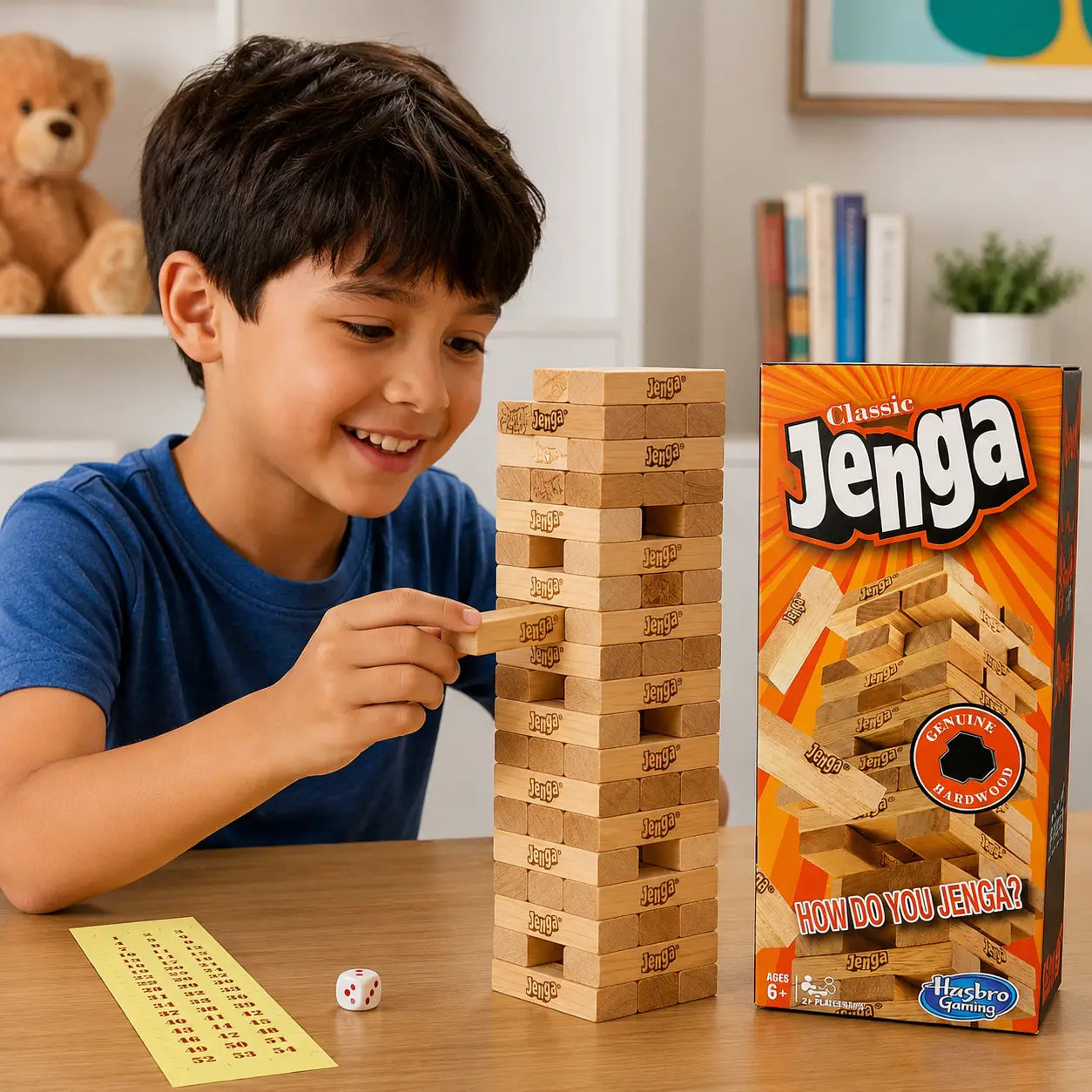 Child playing Classic Jenga wooden stacking game with tower, dice and numbered sheet