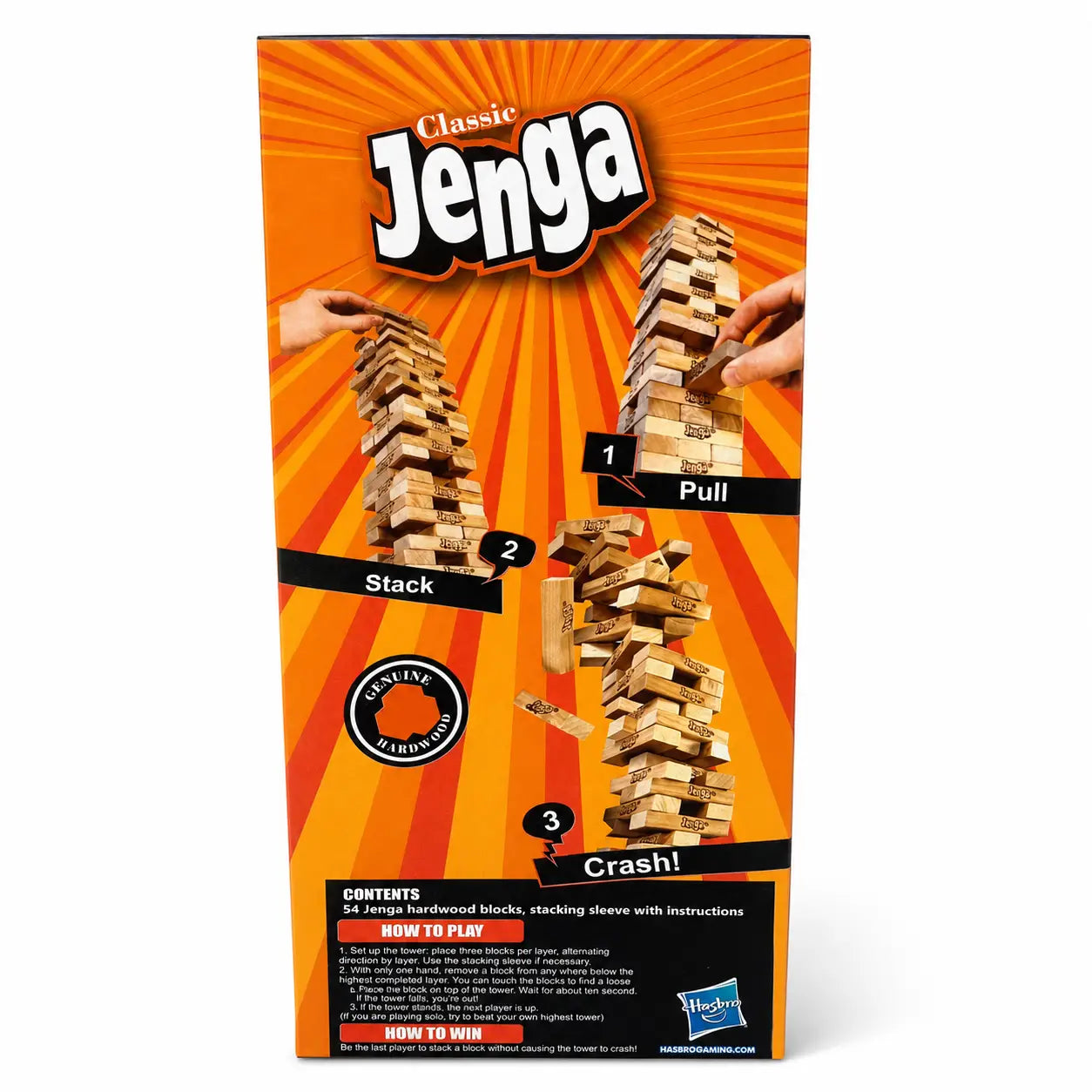 Classic Jenga wooden stacking game box back showing pull stack and crash gameplay instructions