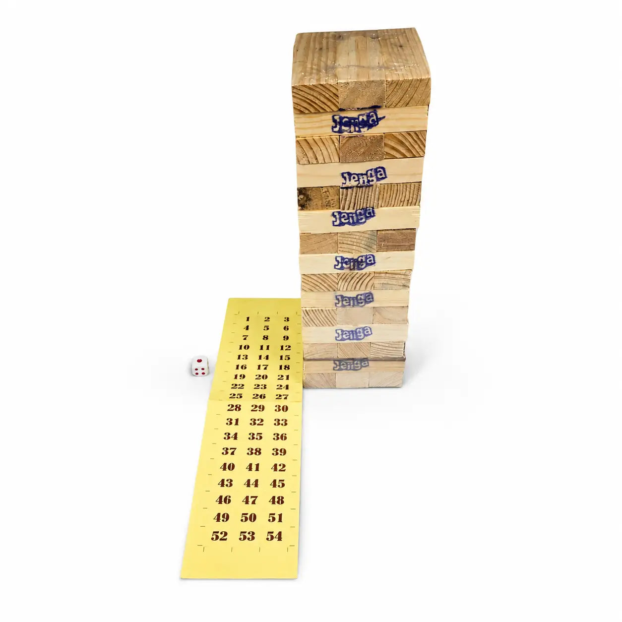Classic Jenga wooden block tower with dice and numbered game sheet included