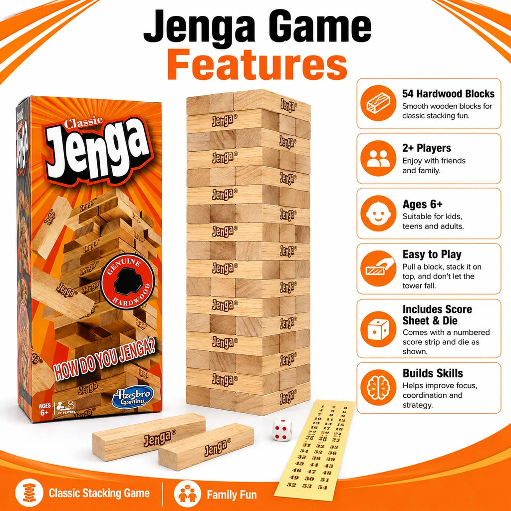 Classic Jenga wooden stacking game features with 54 blocks, dice and numbered game sheet