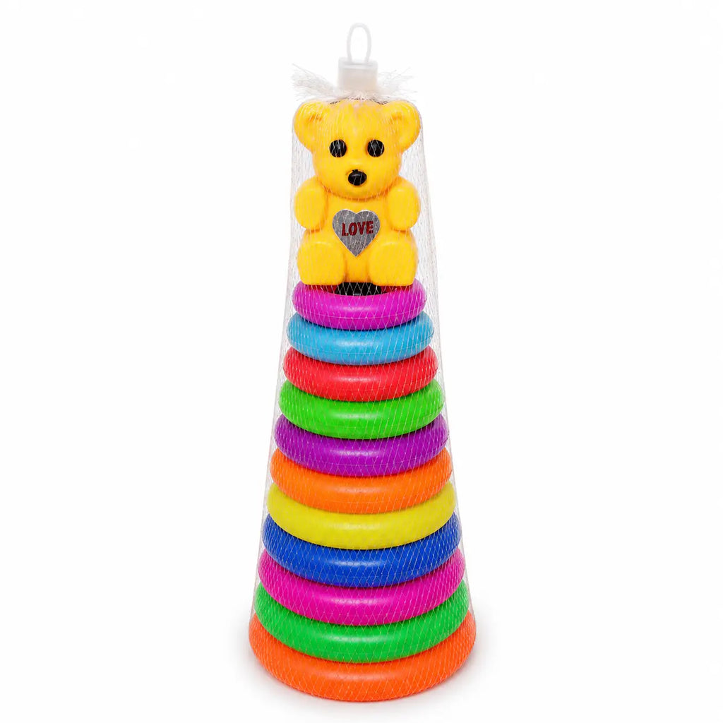 Big size colorful teddy bear stacking rings toy with multi-color rings and yellow bear topper for kids