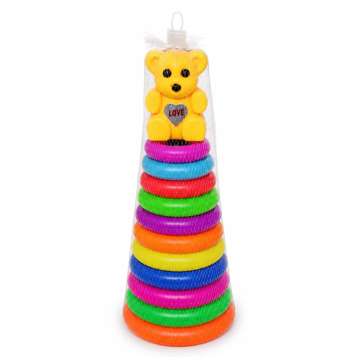Big size colorful teddy bear stacking rings toy with multi-color rings and yellow bear topper for kids