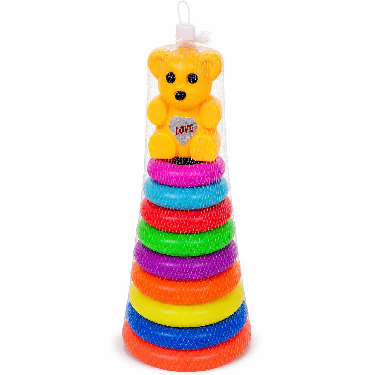 Small size colorful stacking rings toy with yellow teddy bear LOVE topper and rainbow plastic rings