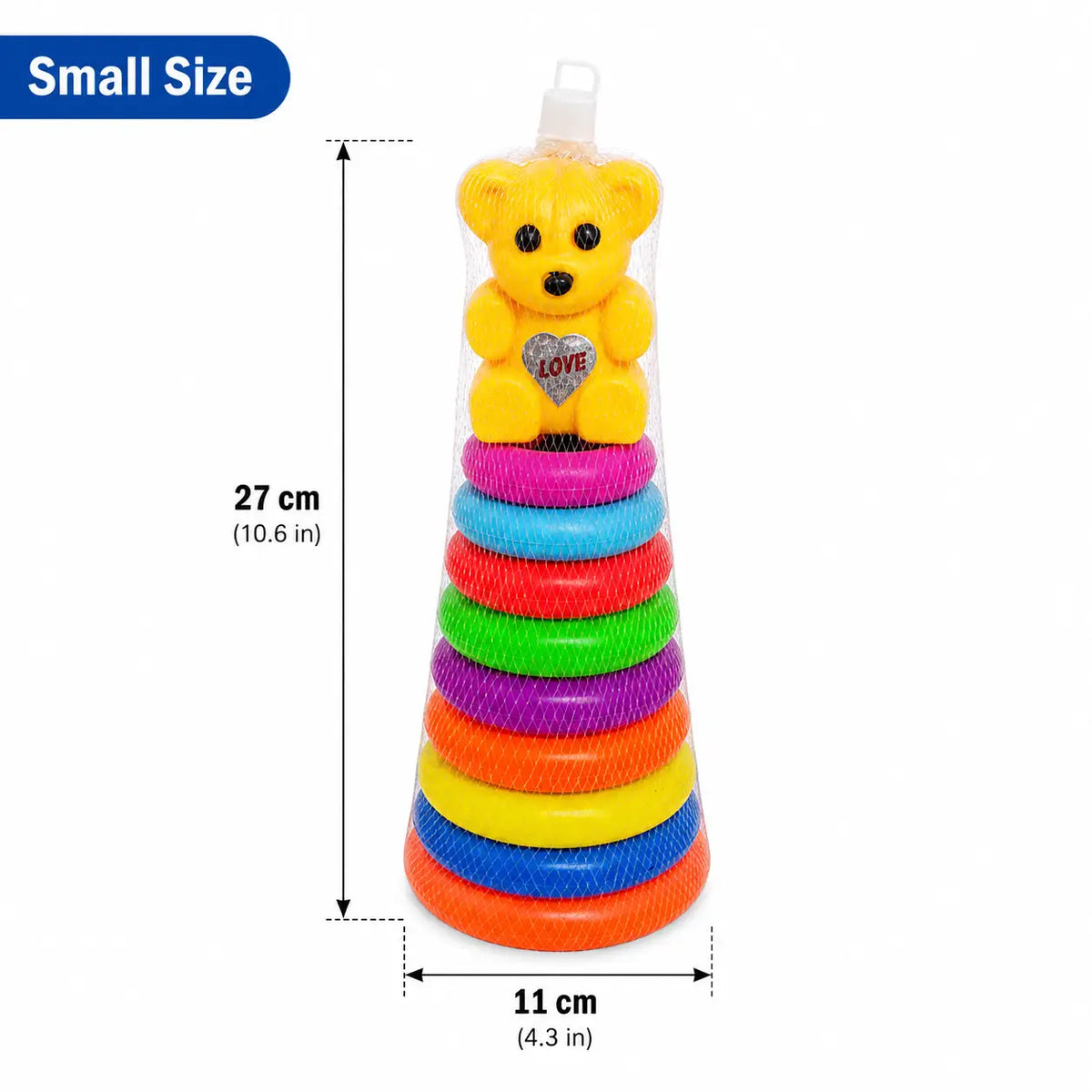 Small size teddy bear stacking rings toy measuring approximately 27 cm high and 11 cm wide with colorful plastic rings