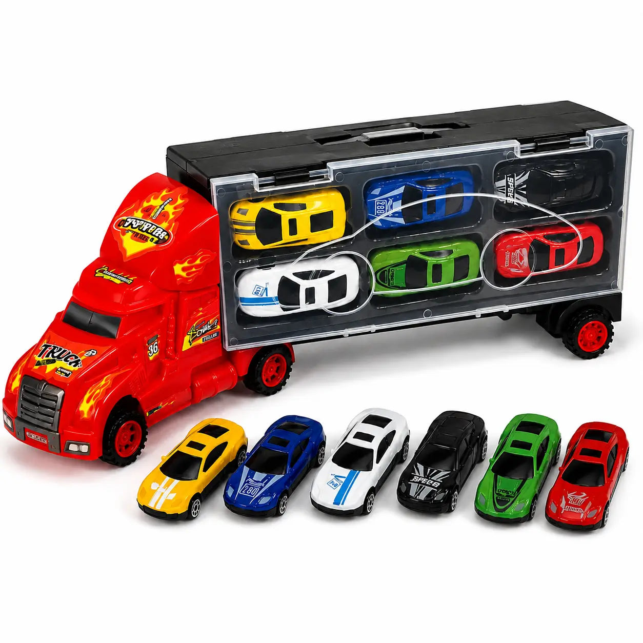 Hot Wheels toy truck with open storage lid and 6 mini cars inside