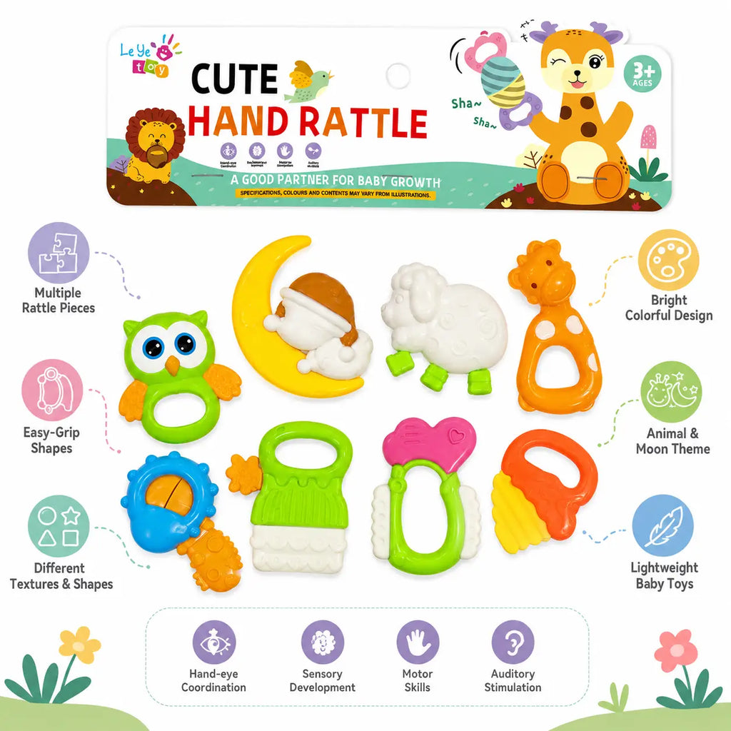 Cute Hand Rattle Toy Set features with colorful animal and moon rattles for kids 3+ years